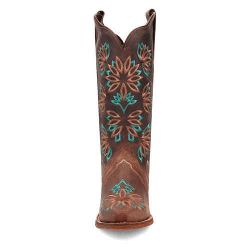 Laredo women's Filly boots: Tall, dark brown leather. Features floral embroidery (brown/turquoise), snip toe, and a durable sole. Distinctive rounded shape.