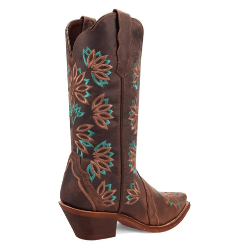 Laredo women's leather boots with snip toe, mid-height shaft, and curved top. Dark tobacco leather with brown/turquoise floral embroidery. Stacked leather heel.