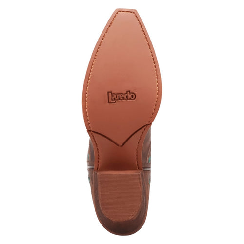 Laredo women's tobacco leather boot bottom. Features: filly snip toe, pointed toe sole with Laredo logo, and a textured leather outsole.
