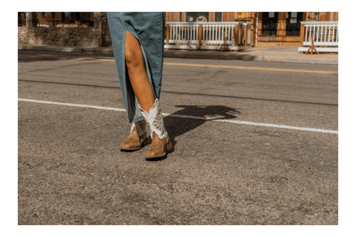 Laredo women's Kite Days boots: light brown leather, broad square toe, decorative stitching, mid-heel, and white ankle accents.