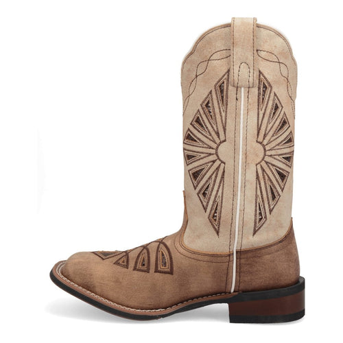 Laredo women's Kite Days boots: Light brown suede, tall shaft, broad square toe. Darker stitching, stacked heel, layered cutout upper. Reinforced sole seam.