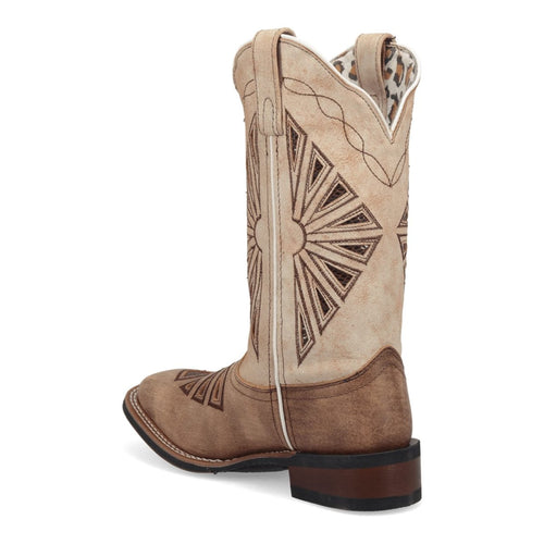 Laredo women's Kite Days boots: Mid-calf, broad square toe, light tan leather with brown embroidered sunburst pattern. Stacked heel, pull tabs, subtle stitching. Medium brown heel, black outsole.
