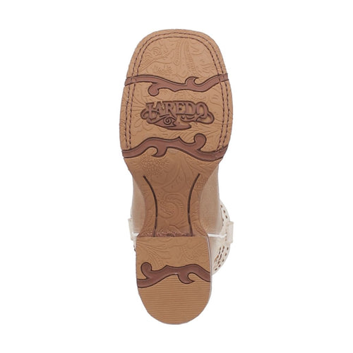 Laredo Women's Lydia boots: Broad square toe, Western-style sole. Light brown outsole with embossed pattern and Laredo logo.