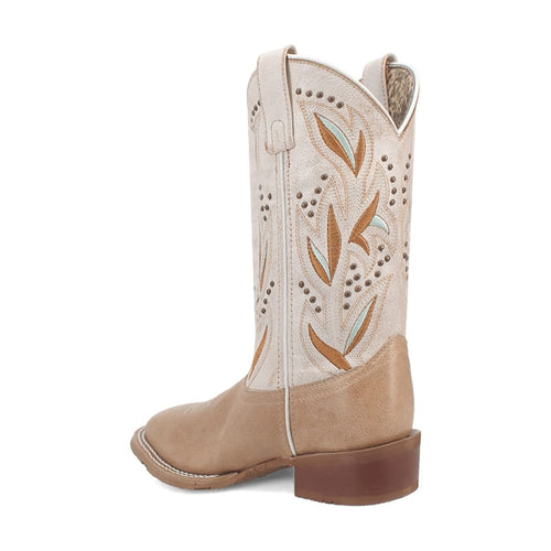 Laredo women's Lydia boots in tan leather. Broad square toe, textured shaft with embroidered leaves (beige, brown, blue). Chunky heel, decorative sole stitching.