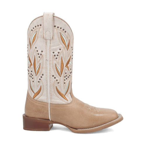 Laredo Women's Lydia boots. Tall leather shaft with decorative stitching and leaf cutouts (tan/cream). Square toe, angled heel.