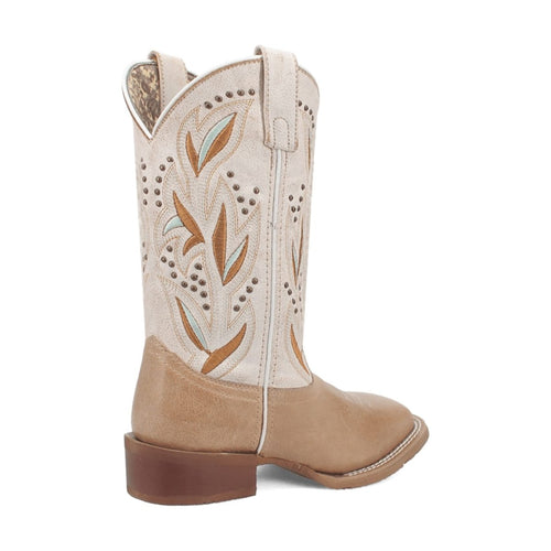 Laredo Lydia women's boots: Tan leather, broad square toe, floral cutout shaft with color accents. Chunky heel, smooth finish.