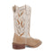 Laredo Lydia women's boots: Tan leather, broad square toe, floral cutout shaft with color accents. Chunky heel, smooth finish.