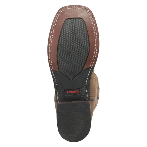 Laredo Megan boots: Broad square toe, brown leather. Brown rubber outsole with textured pattern and smooth heel. Seam detail indicates upper attachment.