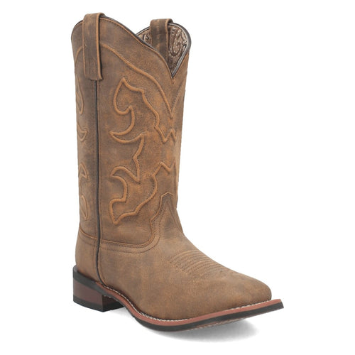 Laredo women's Megan boots: Distressed tan leather, broad square toe, short stacked heel. Decorative stitching, curved shaft with pull tabs for easy wear and structure.