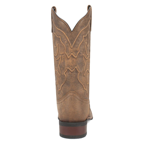 Laredo Megan women's boots: Tan leather, broad square toe, low stacked heel. Decorative stitched upper, V-cut top, and smooth finish.