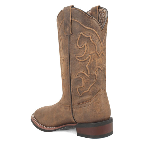 Laredo women's Megan boots: tan leather, broad square toe, textured finish, stitch detailing. Raised heel, embossed upper shaft pattern. Back pull tab for easy wear.