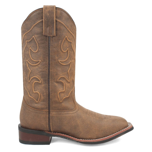 Laredo Megan women's boots. Tan, smooth leather, broad square toe, high shaft with stitching, low heel. Pull tab for wear. Durable outsole.