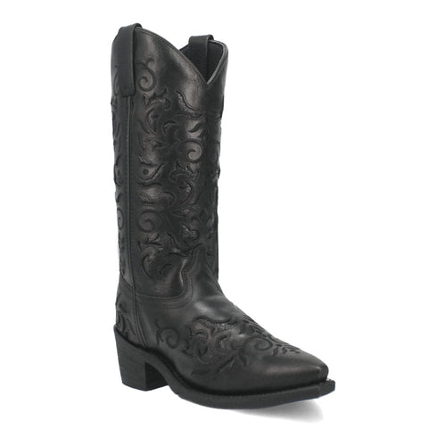 Laredo women's night sky boots: Tall leather shaft, snip toe, and stacked heel. Features intricate black floral stitching. Stylish and comfortable.