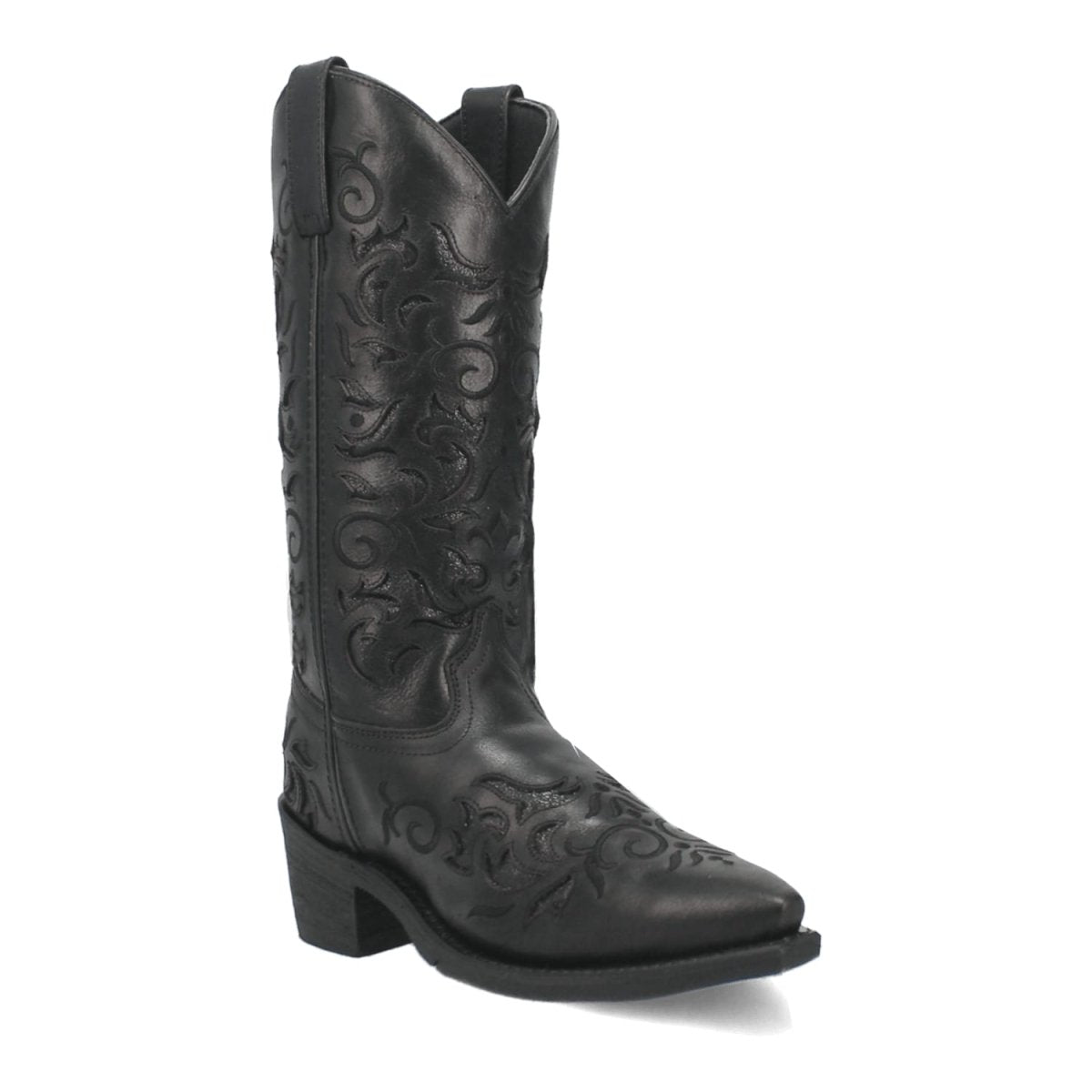 Laredo women's night sky boots: Tall leather shaft, snip toe, and stacked heel. Features intricate black floral stitching. Stylish and comfortable.