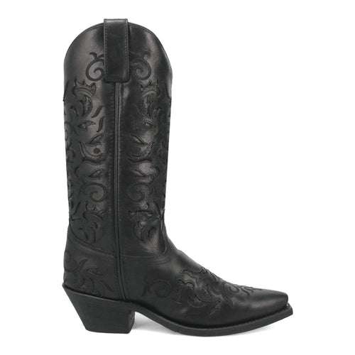 Laredo Night Sky boots: Black leather, floral-embossed upper. Tall silhouette with a snip toe. Short, block heel. Stylish western design.