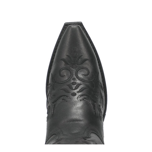 Black Laredo Night Sky women's boots. Snip toe, embossed floral shaft, polished leather. Sharp, western-style pointed toe.