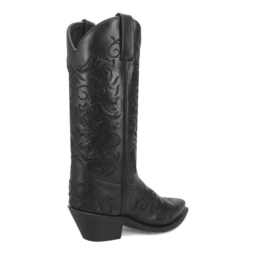 Laredo Night Sky women's black leather boots with embossed floral shaft design. Snip toe, stacked angled heel, and knee-high with pull tabs. Smooth finish.