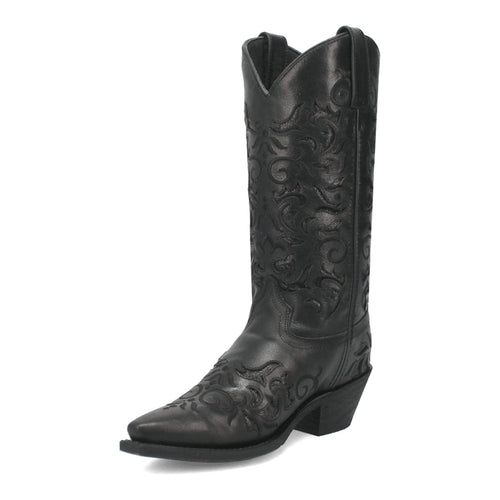 Laredo Night Sky women's black leather boots with snip toe and high shaft. Embossed swirl pattern on the upper, short angled heel.