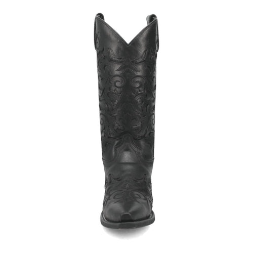 Laredo Women's black leather boots with snip toe, ornate stitching, and decorative shaft pattern. Pointed shaft, smooth finish, and flat soles for stability.
