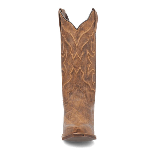 Laredo Reva women's honey-colored leather boots with a tall, shaped shaft, snip toe, and intricate stitching. Smooth finish.