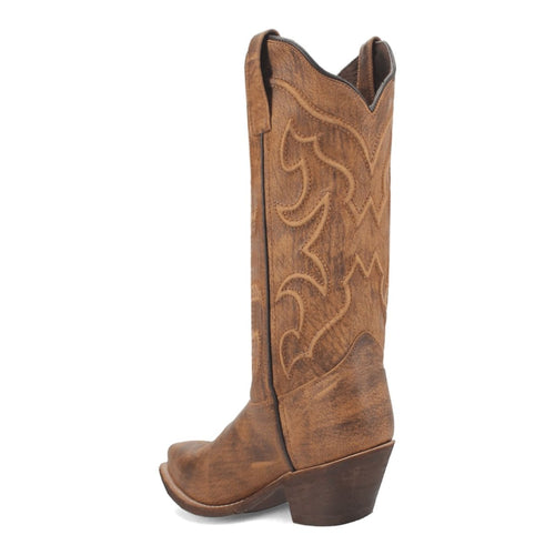 Laredo Reva snip-toe boots: textured brown leather with a distressed finish. Intricate stitched shaft, short stacked heel, and pull tabs. Distinct snip toe.