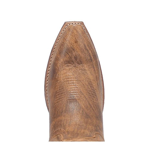 Laredo Reva snip-toe boots in honey-brown leather. Pointed toe with a raised edge. Textured leather with color variations and decorative stitching along the sides and toe.