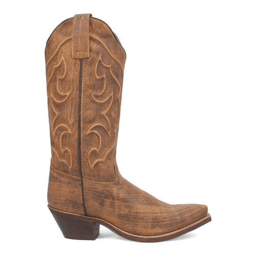 Laredo Reva women's western boots. Tall, honey-colored leather with snip toe and stacked heel. Decorative shaft stitching. Tapered design for a classic western look.