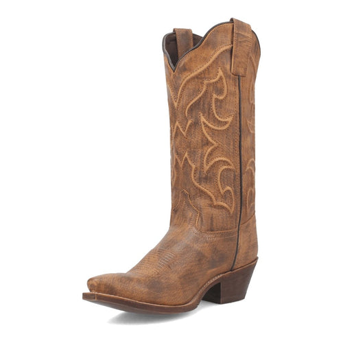 Laredo Reva women's honey-colored leather boots with a snip toe, mid-calf height, and stitched floral pattern. Distressed leather, stacked heel, and pull tabs.