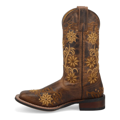 Laredo Secret Garden boots: Brown leather, broad square toe, tall shaft with gold floral embroidery. Smooth finish, contrasting stacked heel. Stylish and comfortable.