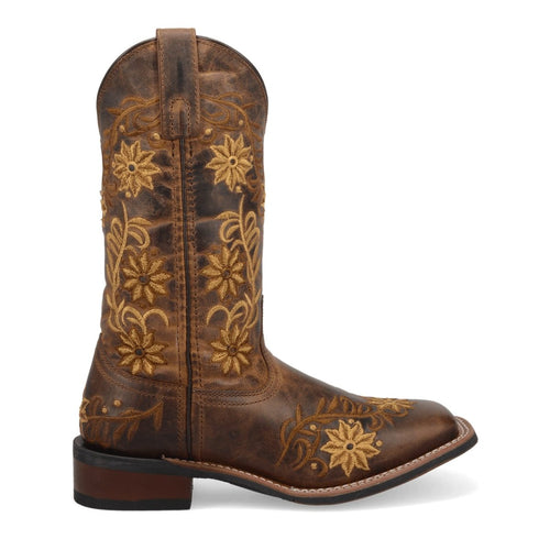 Laredo Secret Garden boots: Brown leather upper, yellow floral embroidery, broad square toe, and a low heel.
