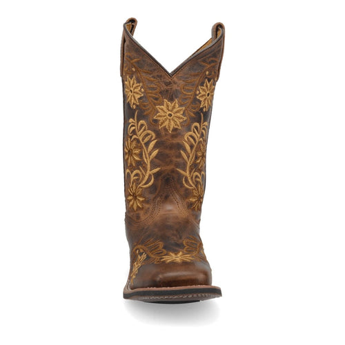 Laredo Secret Garden boots: Brown leather, broad square toe, floral embroidery (yellow/green). V-shaped shaft for easy wear. Stitched sole.