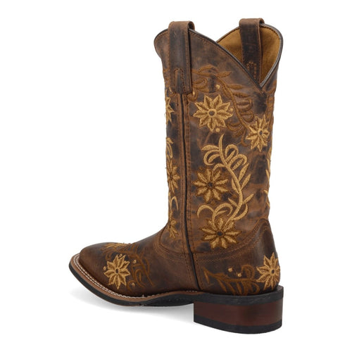 Laredo Secret Garden boots: Brown leather, broad square toe, floral embroidery in gold. Medium shaft, slight heel. Stitching highlights the design, smooth and textured leather.