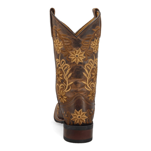 Laredo Secret Garden boots: Brown, textured leather with gold floral embroidery. Broad square toe, low stacked heel.
