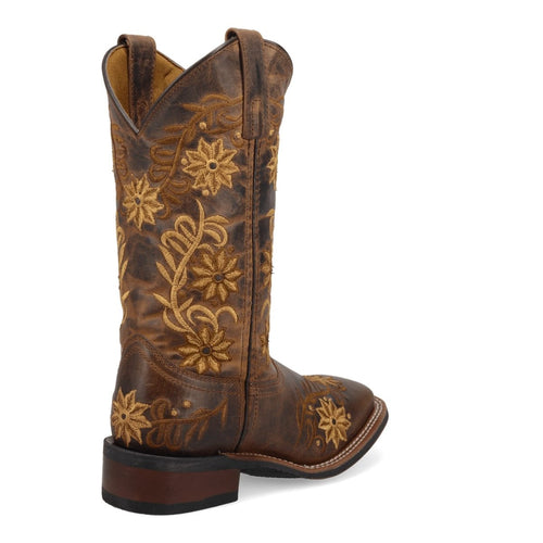 Laredo Secret Garden boots: brown leather with gold floral embroidery. Square toe, low stacked heel, and western-cut shaft with pull tabs. Classic western style.