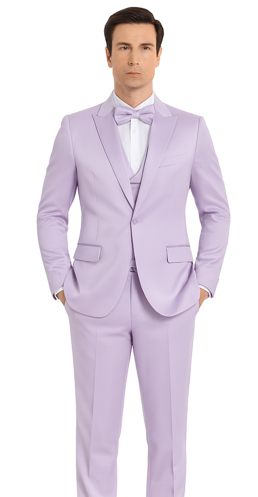 Tazzio men's formal lavender 3-piece slim fit suit. Features a satin peak lapel jacket, matching vest, and slim-fit trousers. Smooth, shiny lavender finish throughout.