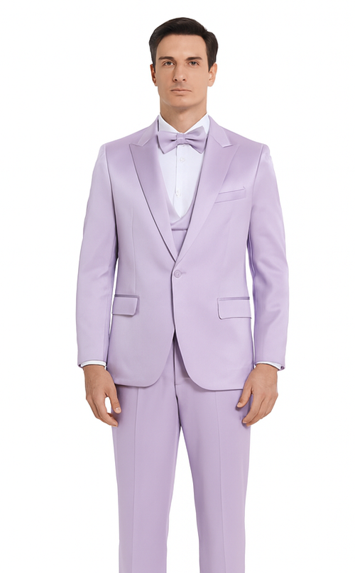 Tazzio men's formal suit: Lavender satin, slim fit, 3-piece. Peak lapel jacket, two pockets, vest, and trousers. Uniform lavender color.