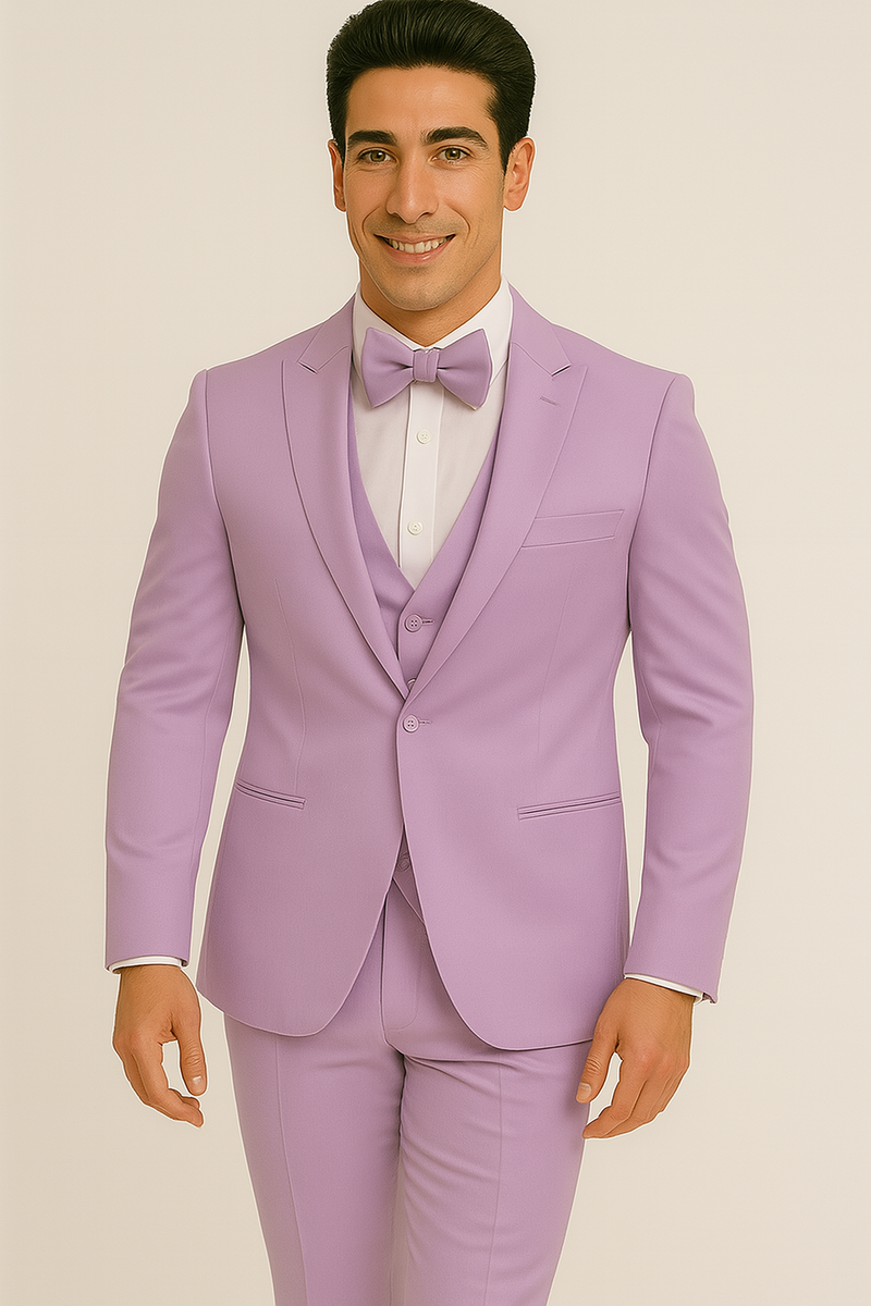 Lavender tuxedo set: Tailored jacket with single button, lapels, and pockets. Includes a vest and bow tie. Slim-fit trousers with a flat front. Soft lavender, lightweight fabric. Perfect formal look.