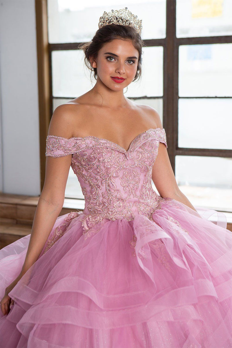 Layered Off-Shoulder Glitter QuinceaƱera Dress by Calla KY-018383