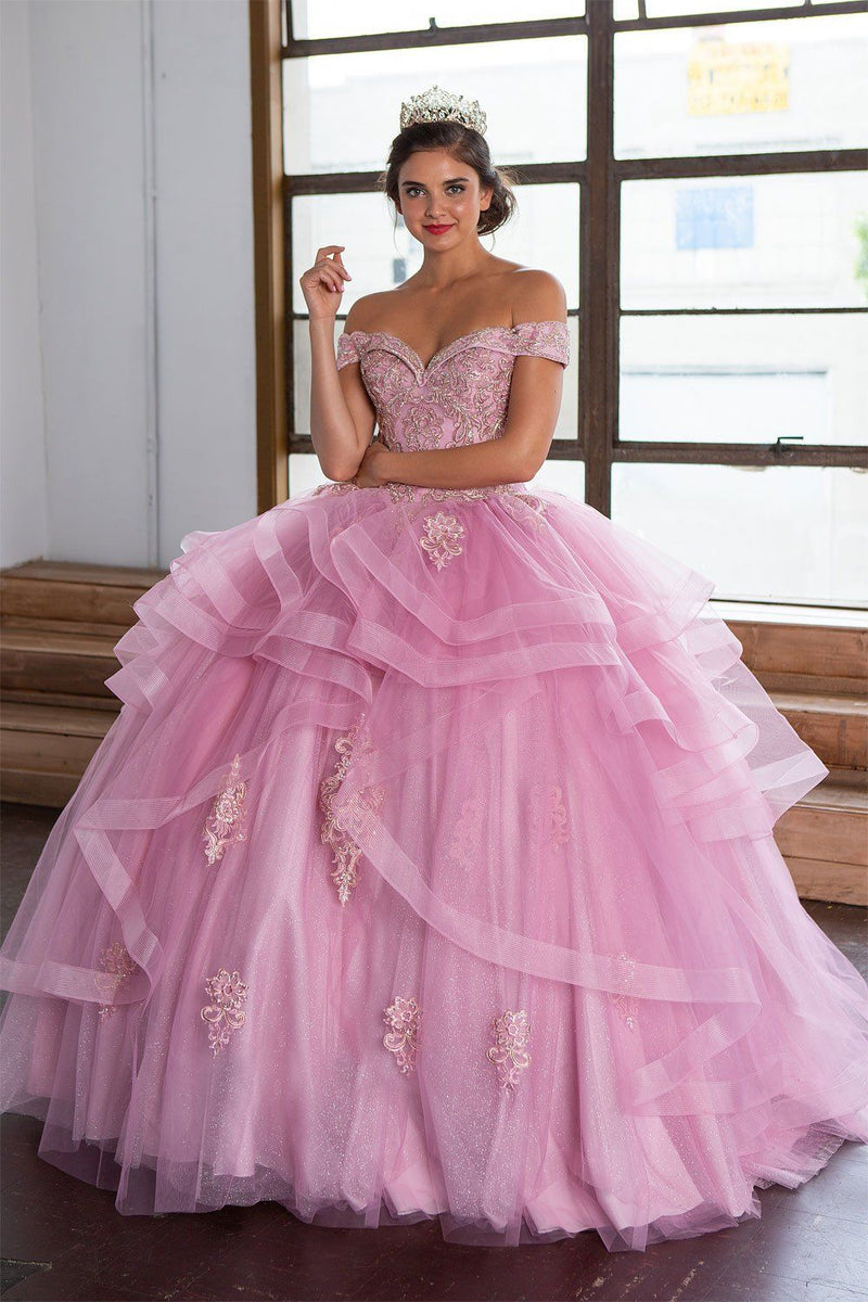 Layered Off-Shoulder Glitter QuinceaƱera Dress by Calla KY-018383