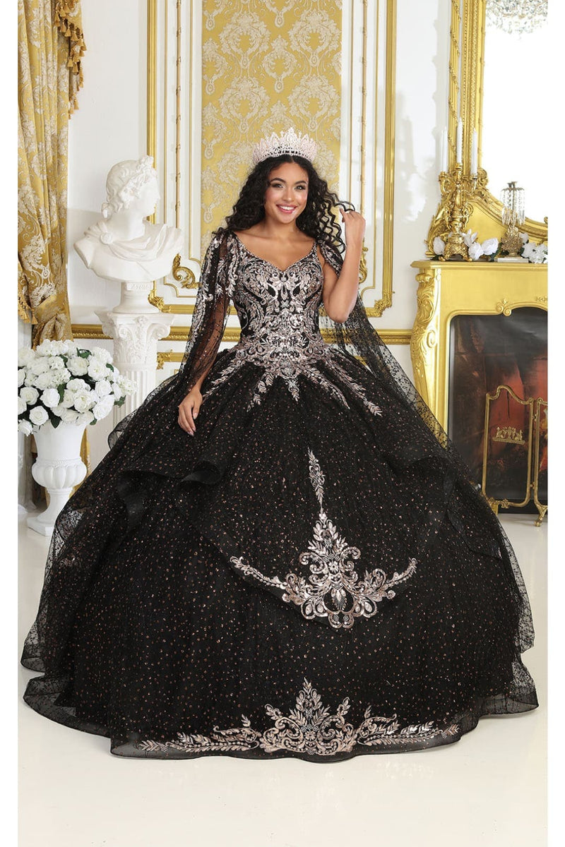 Layla K LK218 Detachable Cape Sleeves Glitter Corset Quinceanera Ball Gown