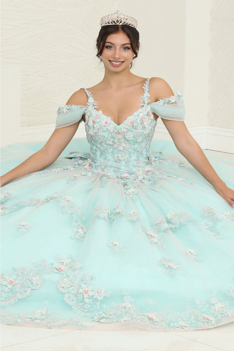 Layla K LK258 V-neck Mint Floral Masquerade Ball Gown