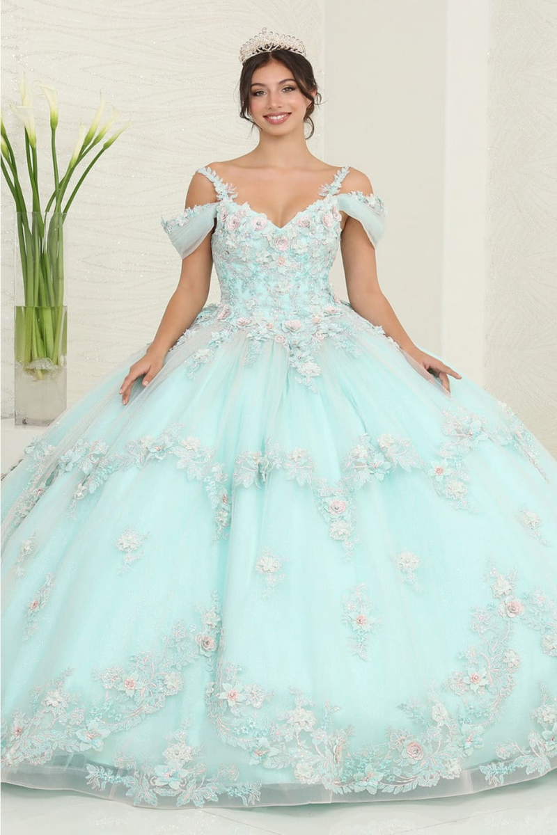 Layla K LK258 V-neck Mint Floral Masquerade Ball Gown