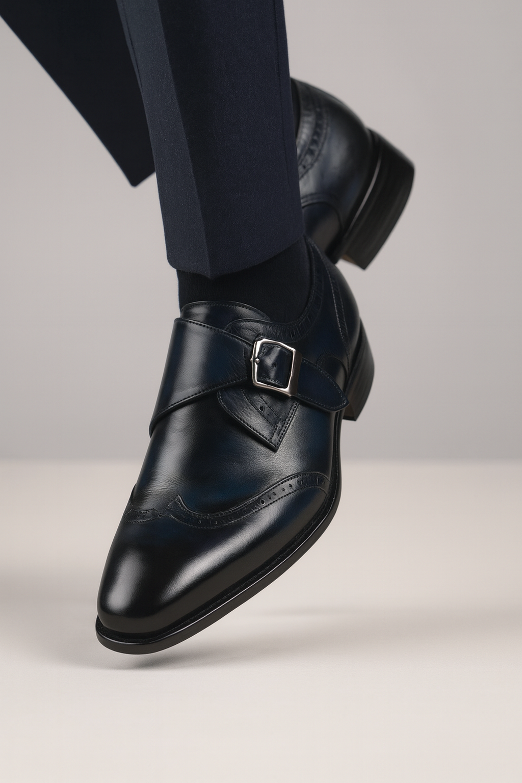 Mens Leather Wingtip Monk Strap Dress Shoe in Brown & Navy