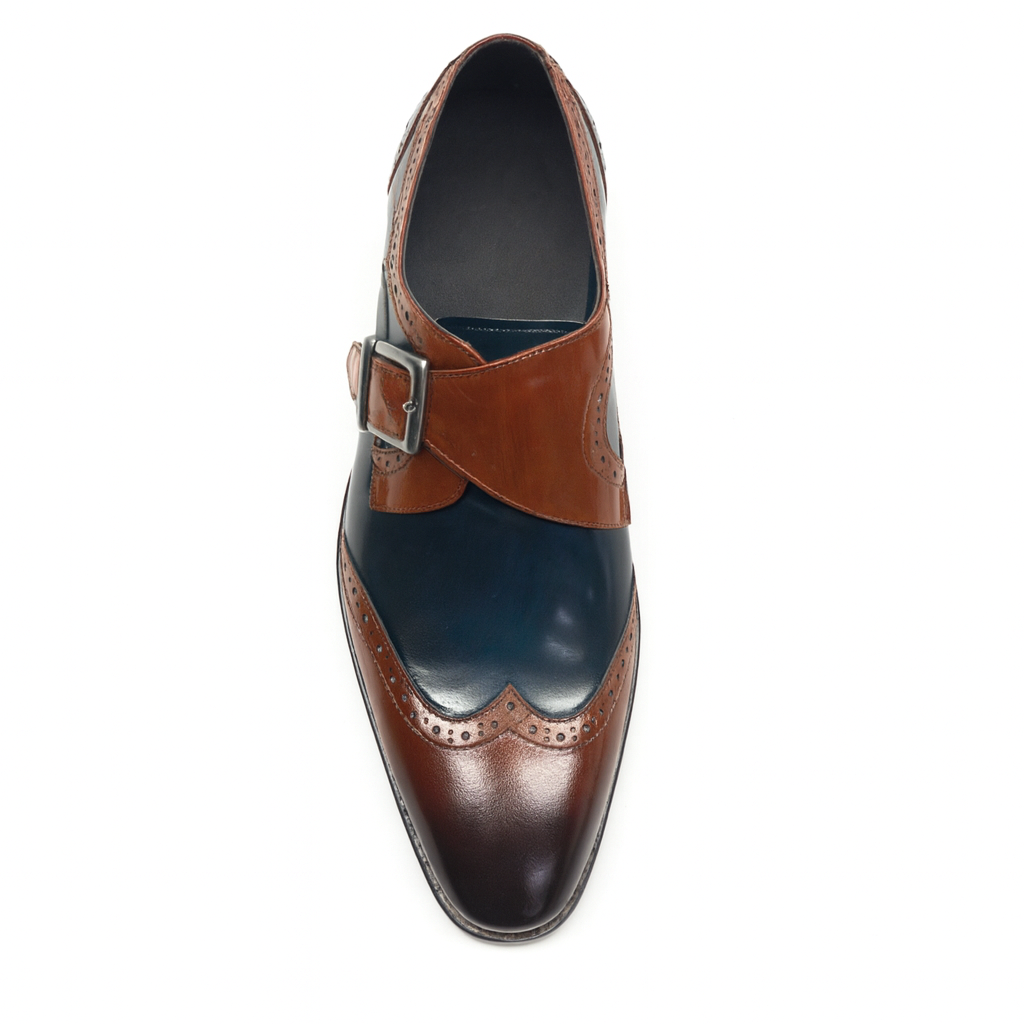 Mens Leather Wingtip Monk Strap Dress Shoe in Brown & Navy