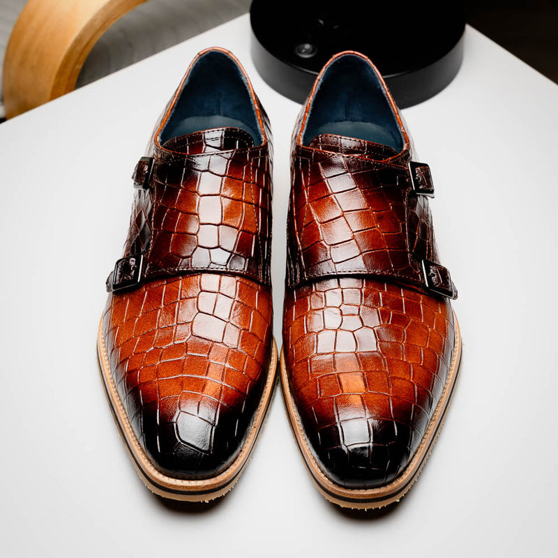 Zelli Legerra Hand-Burnished Crocodile Print Monk Strap in Cognac