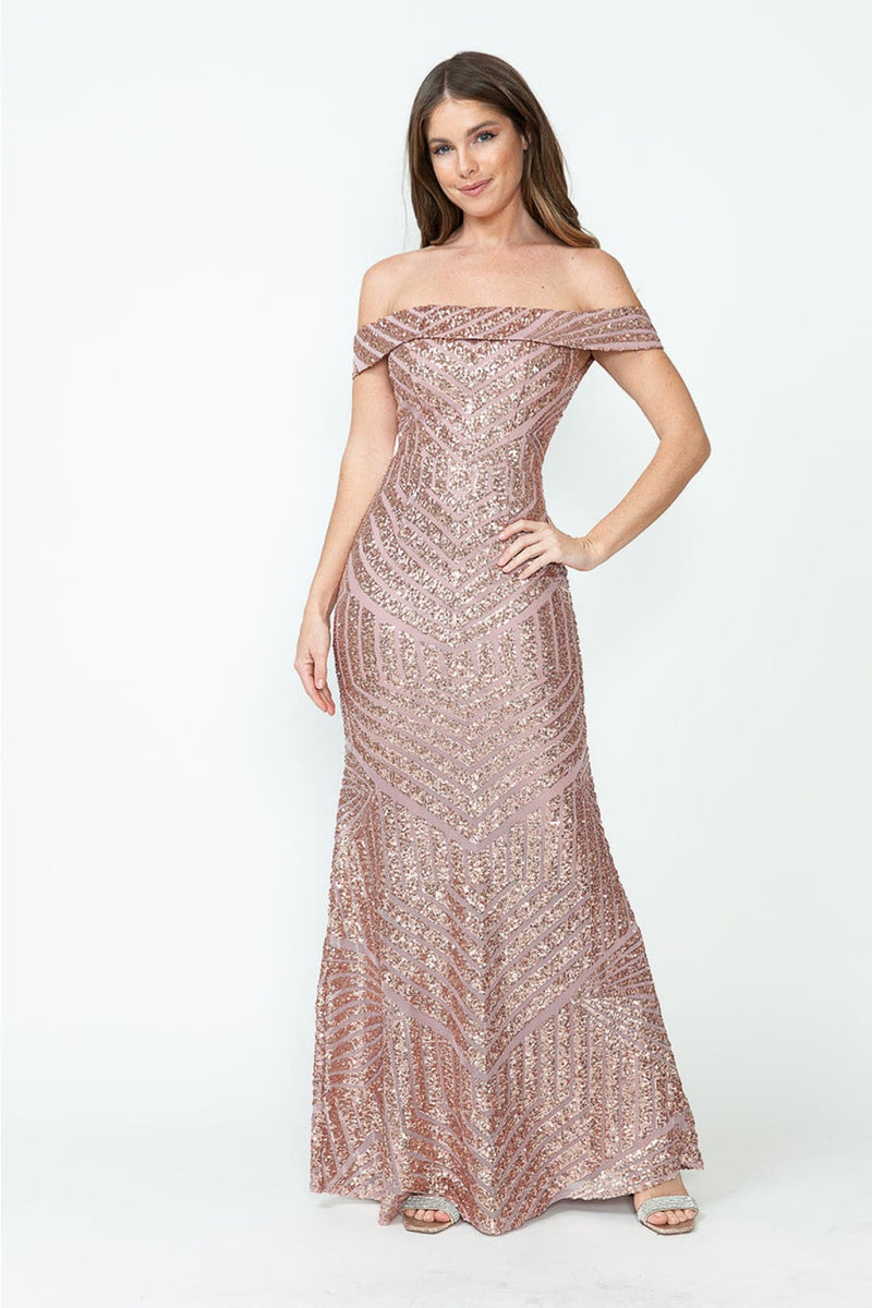 LENOVIA 5224 Off Shoulder Sequined Long Formal Dress