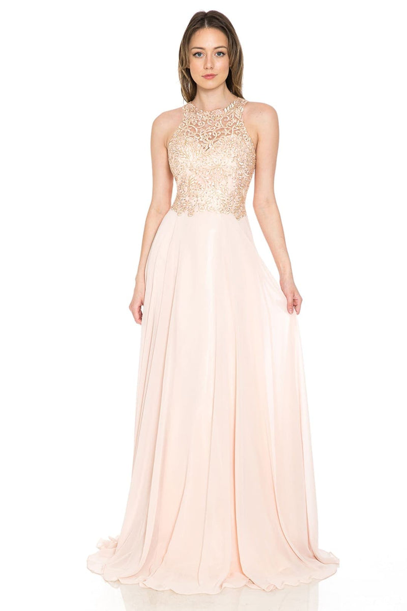 Lenovia 8169 Sleeveless Halter Long Embroidered Formal Gown