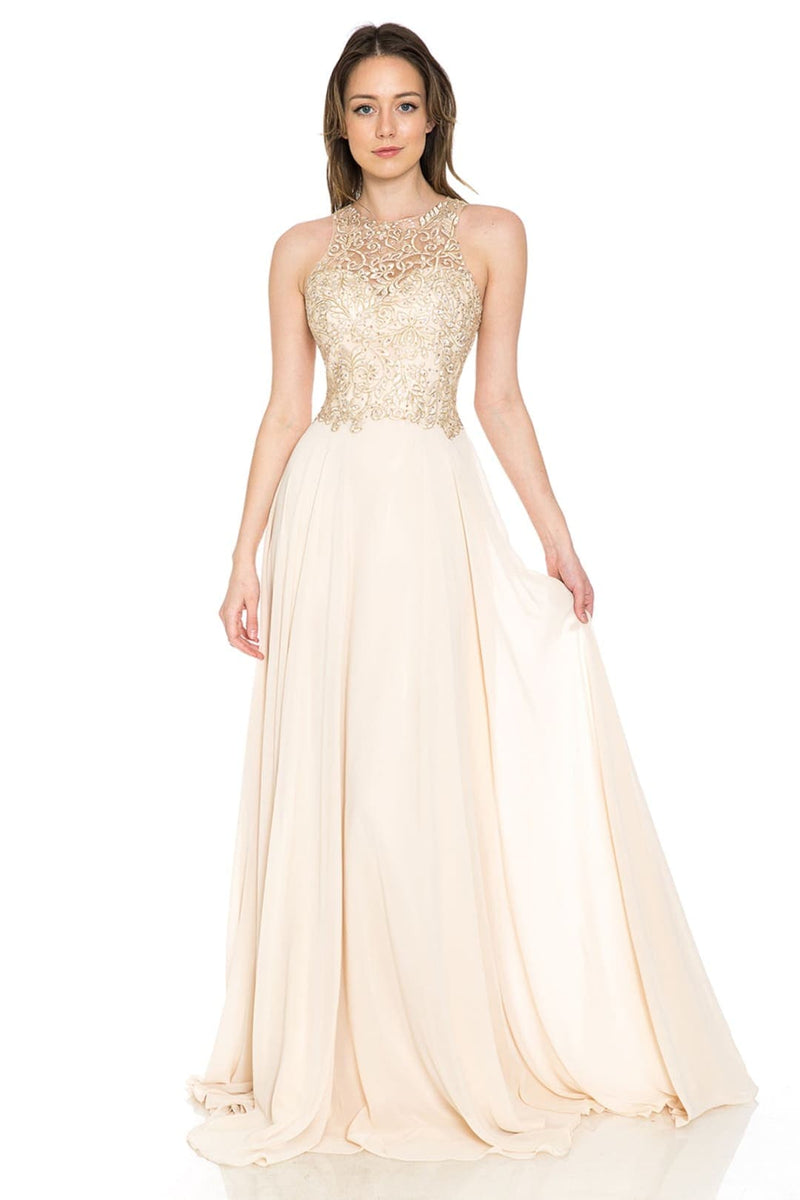 Lenovia 8169 Sleeveless Halter Long Embroidered Formal Gown