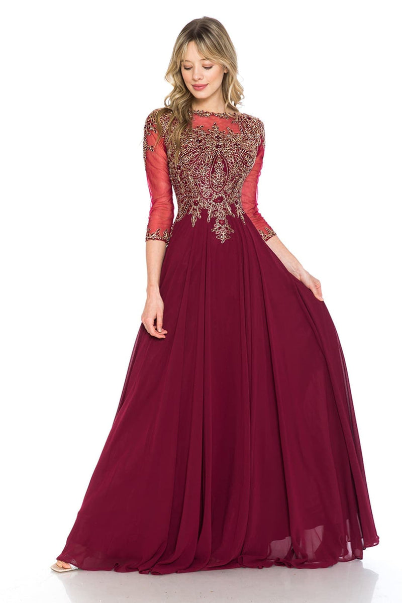 Embroidered 3/4 Sleeve Mother Of The Bride Dress Modest Evening Gown