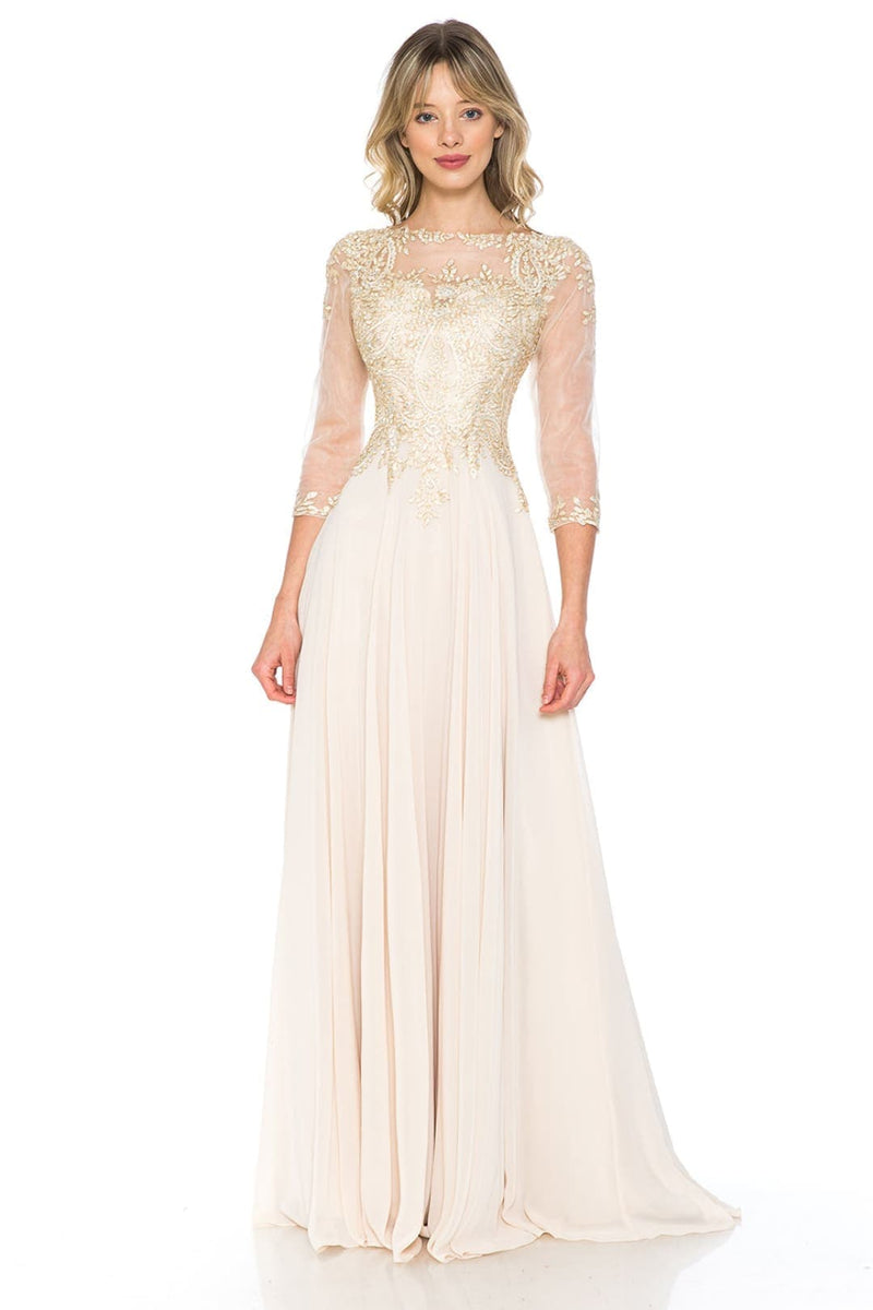 Embroidered 3/4 Sleeve Mother Of The Bride Dress Modest Evening Gown
